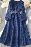Autumn Women Hook Flower Hollow Party Long Dress Vintage Round Neck Puff Sleeve High Waist A-Line Maxi Vestidos New