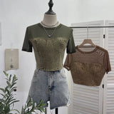 Summer Denim Splicing Mesh Yarn Short-Sleeved T-Shirt Design Fake Two Hot Girl Short Top