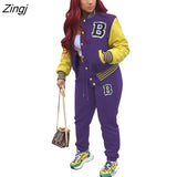 Striped print Women Fall Two piece Set Sweatshirt Zipp jacket Top Trousers Sports Baseball Uniform Workout