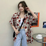 Women Shirts Short Sleeve Summer Sum-proof Harajuku Rose Print Vintage Retro Korean Style Loose Teens Streetwear Chic Tops