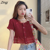 Sleeve T-shirts Women Lace Patchwork Crop Top Ins Chic Sweet Student Ruffled Single Breasted Tees Korean Slim Knitwear