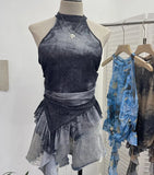 Irregular Hanging Neck Dyeing Net Yarn Vest Lotus Side Ribbon Short Sleeveless Top