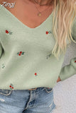Winter Women's V Neck Sweater Flower White Long Sleeve Warm Knitted Sweater Women Green Embroidered Sweater for