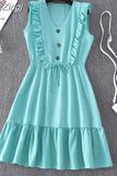 Women Summer Fashion Solid V Neck Ruffles Sleeve Elegant Party Dresses Vintage Beach Sundress Streetwear