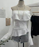 The Ballet Style Shoulder Fold Texture Texture Coat Irregularly Ribbon Horn Sleeve Short Shirt