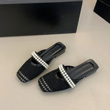 Version Of Baotou Pearl Half Slippers Women Wear 2025 Summer New One-Legged Lazy Shoes Square Casual Single