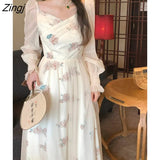 Vintage Long Sleeve Midi Dress Women Casual Korean V-neck Long Fairy Dresses Elegant Women's Dresses for Party 2022