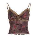 Girls Retro Print Small Slings New Mesh Lace Spliced V-Neck Vest
