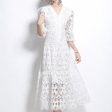 Women's Dress 2025 Winter New French Retro Hollow Hooks Waist Lantern Sleeve Long