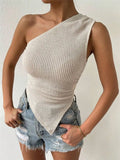 Spring And Summer New Single Shoulder Asymmetric Knitted Sleeveless Top T-Shirt