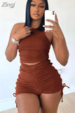Sport Summer Clothes for Women 2 Piece Sets Drawstring Zipper Rib Shorts and Crop Top Casual Sexy Outfits