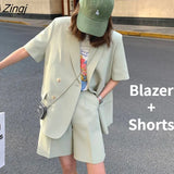 Women Sets 2 Pieces Streetwear Cool College S-4XL Chic Short Sleeve Loose Blazers High-waist Wide-leg Shorts Korean Style