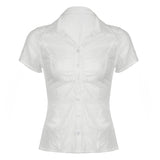 New Temperamental Femininity Polo Collar Short-Sleeved Shirt Hottie Street Commute Wrinkles On The