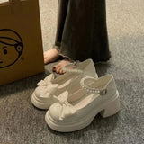 Jane Small Leather Shoes Women Thick Soles Raised Sweet Bows Shallow Single Shoes Buckle English Style Women's