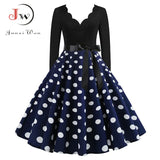 Women Vintage Long Sleeve Christmas Dress Winter Swing Elegant Lacework Party Dress Robe Casual Black Print New
