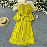 And Autumn New French Retro Hollow Hook Lace Spliced Lantern Sleeve Dress Strapped Waist Temperament