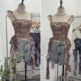 Real Shooting 2024 New Niche Babes Print Sling Vest Hem With Lotus Leaf Edge Sleeveless Top