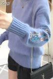 Winter Women Sweaters and Pullovers Long Sleeve Casual Embroidery Turtleneck Slim Knitted Jumpers Pull Femme