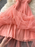 Women Sexy Mesh Spaghetti Strap Long Dress Summer Orange/Purple/Blue/Pink Ruffle A-Line Beach Robe Female Elegant Party