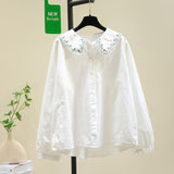 Embroidered Doll Collar White Shirt Women 2025 New Loose Thin Lantern Sleeve Shirt