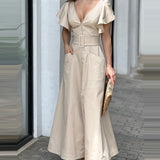 Zingj New V-Neck Dress Solid Color Lotus Leaf Sleeve Dress Temperament Commuter Waist Dress-Outfit