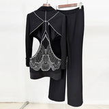 Summer New Star Sex Hollow Hot Diamond Suit Jacket Trousers Set Two