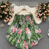 Slash Neck Spaghetti Strap Mini Chiffon Dress Women Summer Vacation Beach Flare Long Sleeve Ruffle Blue/Green Vestidos