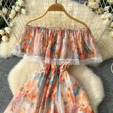 Spring New Holiday High Sense Shoulder Lotus Lace Lace Lace Lace Lace Swing Print