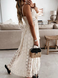 Lace Long Dress Women Off Shoulder Sleeveless Sundress Ladies Spaghetti Strap Beach Dress Solid Deep V Neck Robe