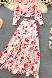 Chiffon Two Piece Set Women Autumn Bohemian Vacation Beach Short Tops And Ruffle Irregular Long Skirt Female Print Suit