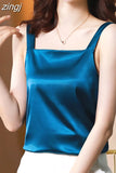 Women's Camis Satin Solid Blouse for Women Sleeveless Shirt Blue Square Collar Neck Blouse Top Female Woman Basic