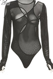 Mesh See Through Women's Bodysuit Soild Fashion Asymmetric Neck Long Sleeves Sexy Party Clubwear Female Summer
