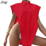 Female Shirt Fashion Sexy Solid Color Turn-Down Collar Sleeveless Tops 2023 Streetwear