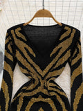 Women Sexy Sequins Bodycon Dress Female Elegant V-Neck Long Sleeve High Waist Golden Sequined Sheath Mini Vestidos