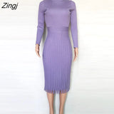 Women Knitted Long Dress Ribbed Elegant Midi Bodycon Sweater Dress Official Ladies Bandage Pleated Dresses