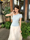 Xixi 13 Line 2025 Summer New Temperament Collar Tie With Bottom Knitted Short-Sleeved T-Shirt Women's Top