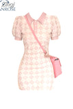 Women Summer Plaid Mini Dress Kawaii High Waist Polo-Neck Cute Slim Midi Dress French Elegant Loose Sweet Party Holiday