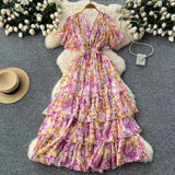 Vintage Gentle Windy Fragmented Flower Dress Summer New High Waist Thin Spinning