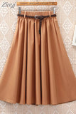 Women Preppy Style Summer Skirt Casual A-line Solid With Belt Mid-length Fashion Elegant Chic Girls Midi Skirts
