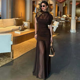 Autumn And Winter Women's Fashion Word Shoulder Long Sleeves Bare Waist Mesh Splicing Bag Of Hip