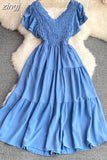 Women Vintage Draped Midi Dress Elegant Purple/Yellow/Red V-Neck Short Sleeve High Waist A-Line Big Swing Vestidos