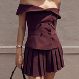 Solid Off-Shoulder Buttoned Top And Pleated Mini Skirt Set-Outfit