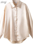 Fashion Button Up Satin Silk Shirt Vintage Blouse Casual Loose Button Up Down Shirts Tops Lady Long Sleeve Female