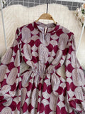 Vintage Women Printed Dress Female Elegant Stand Collar Lantern Long Sleeve High Waist A-Line Midi Vestidos New