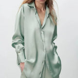 Women Lapel Solid Elegant Satin Shirt Blouses 2023 Vintage Long Sleeve Loose Button Up Female Single Breasted Shirts Tops