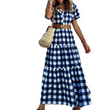 Spot 2025 Summer New Fashion Stand Collar Short Sleeve Bohemian Medium Long Plaid