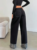 Straight Trousers Feet Spliced Leopard Trousers Babes Essential Personality Leopard Print Base Black High-Waisted Thin