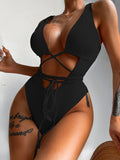 Zingj New Conjoined Bikini Solid Color Hollowed-Out Banded Swimsuit
