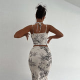 Zingj Vintage Style Slim Print Skirt Two-Piece Fashion Suit