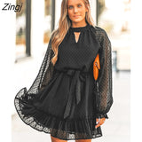 Chiffon Belted Clip Dot Ruffled Mini Dress For Women Sexy Long Sleeve A-line Party Dress 2023 Spring Autumn Female